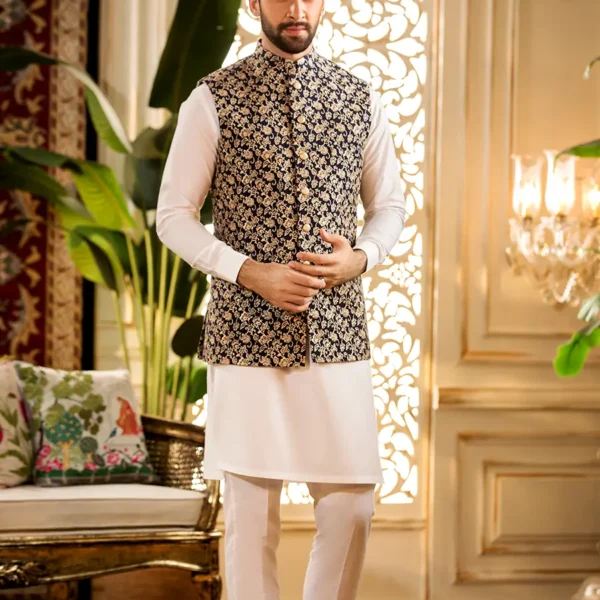 BLUE EMBROIDERED WAISTCOAT